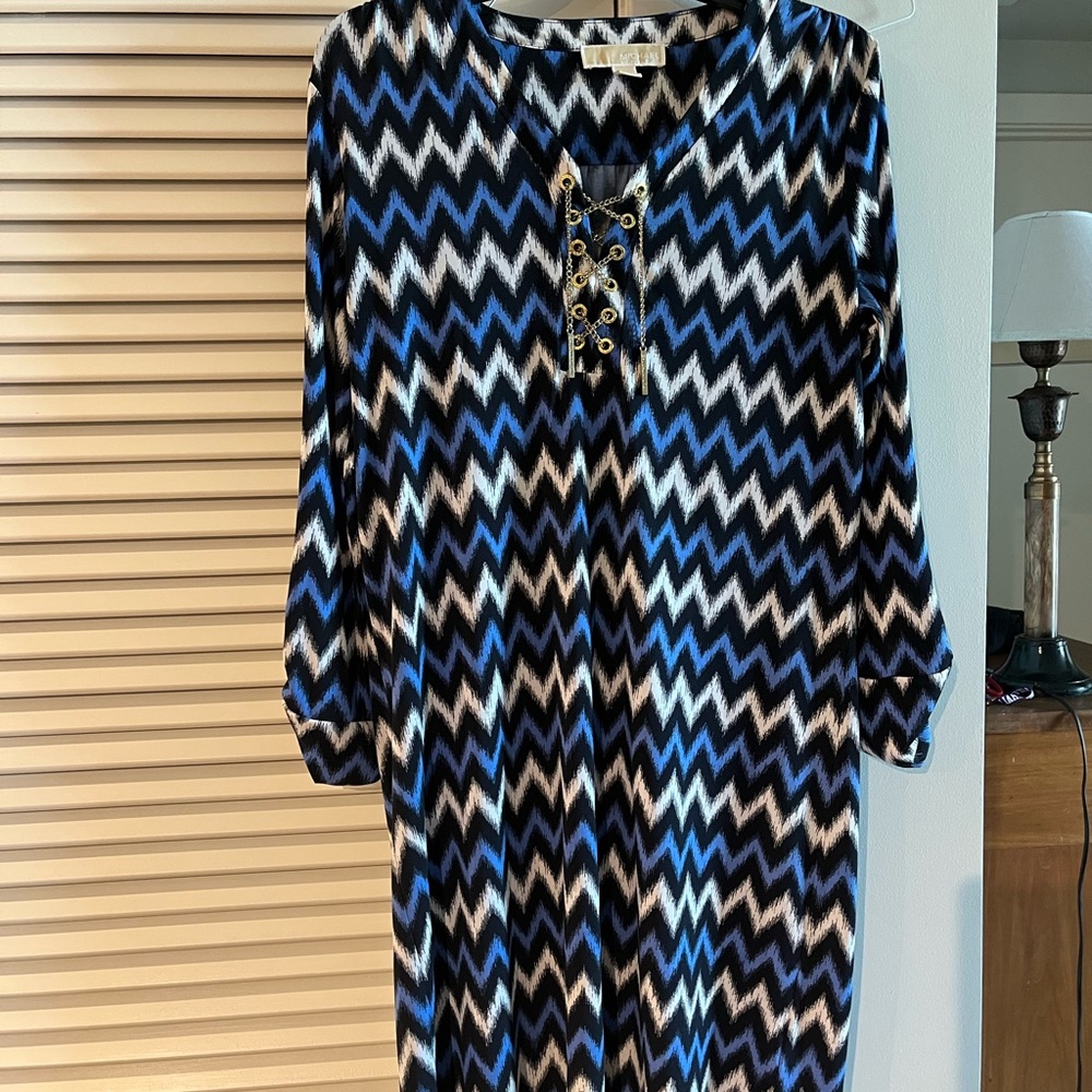 Michael Kors Zigzag Long Sleeve Dress in Blue, White and Black